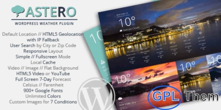 Astero – WordPress Weather Plugin Astero is a powerful WordPress weather plugin that delivers fast, accurate weather forecasts using Ajax technology and local caching. Display weather for a fixed location or use user geolocation, and let visitors search by city or ZIP code with their preferred units.