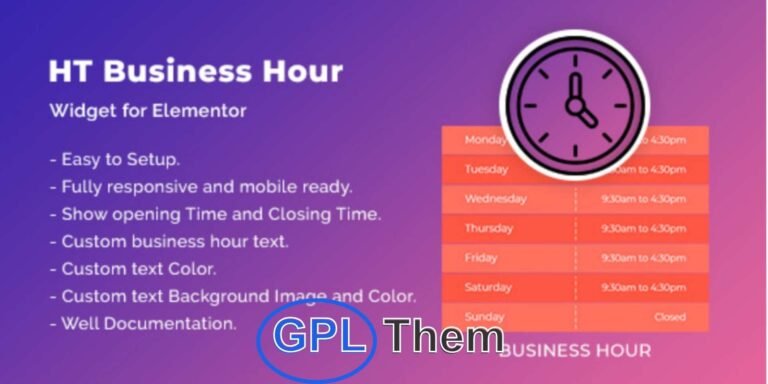 HT Business Hour Widget for Elementor HT Business Hour Widget for Elementor is a powerful WordPress plugin designed to showcase your business hours in a stylish and professional way. With 5+ pre-built layouts and fully customizable options, you can easily display opening and closing times using Elementor’s drag-and-drop editor.