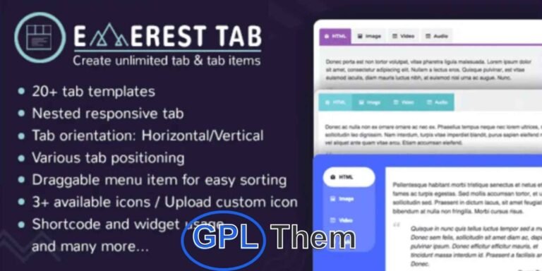 Everest Tab – Responsive Tab Plugin for WordPress Everest Tab is a premium WordPress plugin designed to create attractive and responsive tabbed content effortlessly. With over 20 pre-designed tab layouts, you can showcase a variety of components, including inbuilt elements and custom shortcodes, in a clean, organized format.