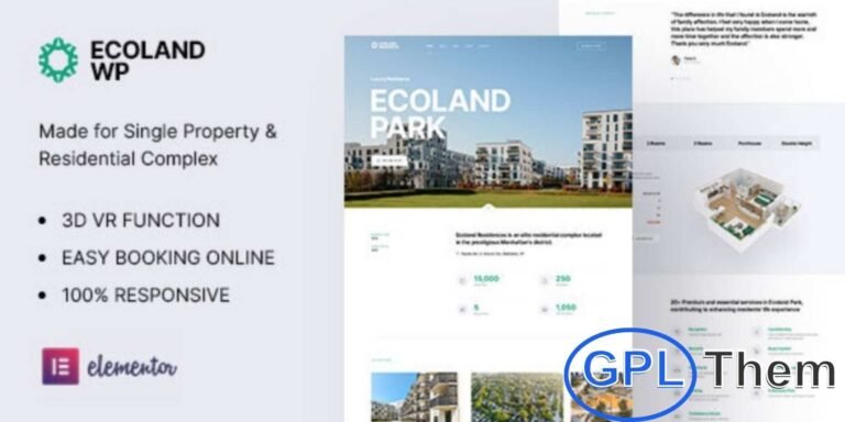Ecoland – Single Property Real Estate WordPress Theme Ecoland is a modern and responsive WordPress theme designed for real estate agencies and property businesses. It’s perfect for showcasing and selling single properties such as apartments, villas, farmhouses, and houses, as well as promoting apartment complexes.