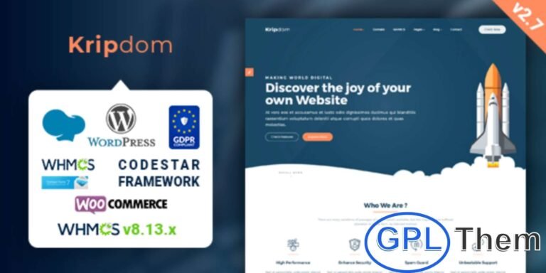 Kripdom – Responsive Web Hosting & WHMCS WordPress Theme Kripdom is a modern and fully responsive WordPress theme designed for web hosting companies, technology businesses, and software providers. Ideal for hosting services, domain registration, and tech blogs, it comes with all the essential features to create a professional online presence.