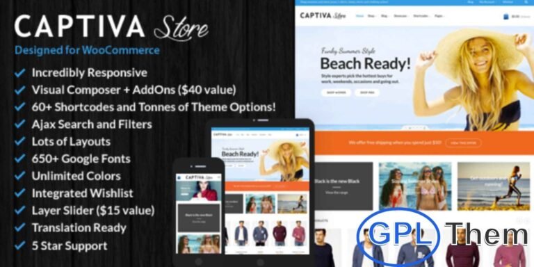 Captiva – Responsive WooCommerce WordPress Theme Captiva is a feature-rich and fully responsive WooCommerce WordPress theme designed to create professional and engaging online stores. It comes with boxed or full-width layouts, a retina-ready mobile-friendly design, sticky headers, and multiple pre-made color skins.