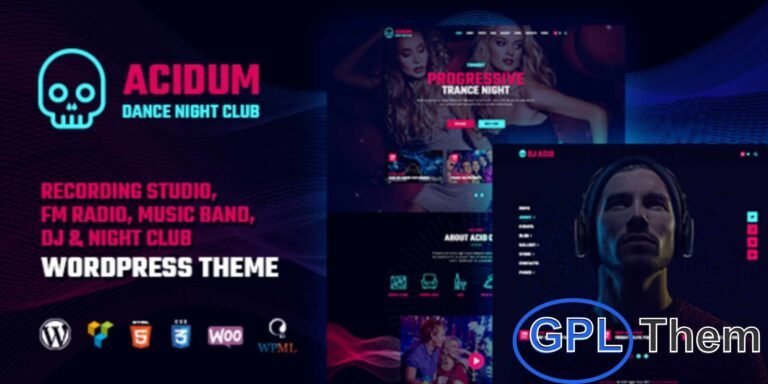 Acidum – Night Club & DJ WordPress Theme Acidum is a modern and stylish WordPress theme designed for nightclubs, DJs, parties, dance clubs, and nightlife events.