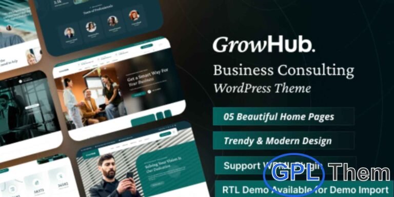 GrowHub – Business Consulting & Finance WordPress Theme GrowHub is a professional and modern WordPress theme designed for business consulting firms, marketing advisors, financial consultants, and accounting services.