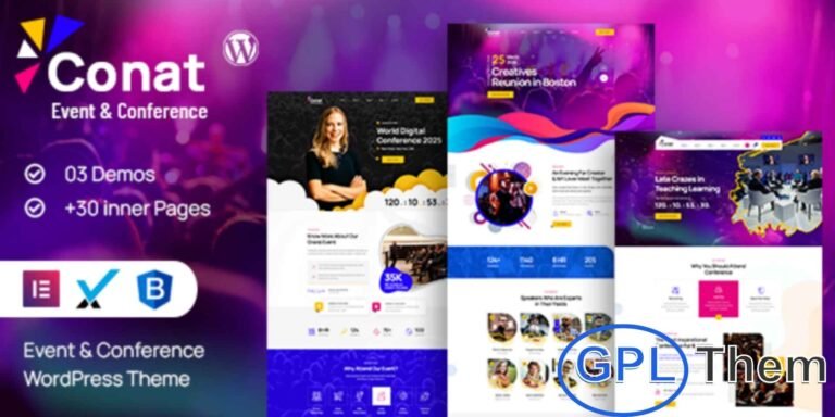 Conat – Event & Conference WordPress Theme (RTL Ready) Conat is a modern and responsive WordPress theme designed for conferences, events, seminars, and meetups. Built with the latest WordPress technology, it offers predefined templates and styling to help you set up your event website quickly.