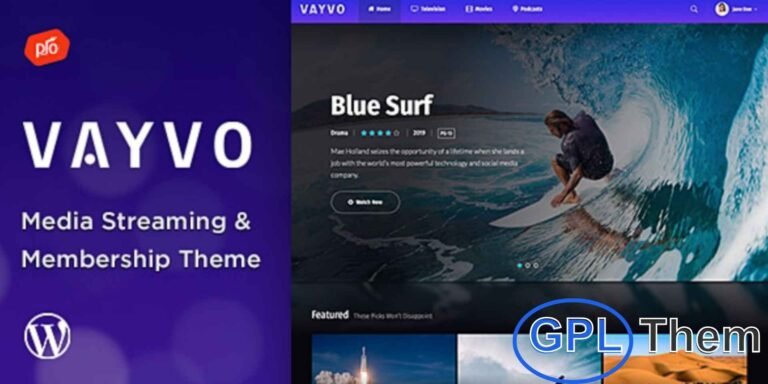 Vayvo – Media Streaming & Membership WordPress Theme Vayvo is a user-friendly WordPress theme designed for audio and video streaming websites. Ideal for content creators and media platforms, it features a powerful eCommerce membership system, integrated video player, and a drag-and-drop page builder for easy customization.