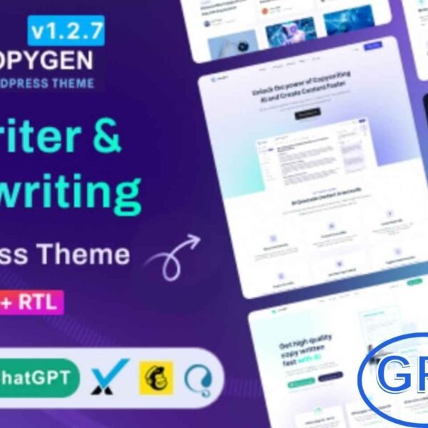 CopyGen – AI Writer & Copywriting Landing Page WordPress Theme CopyGen is a modern WordPress theme built for AI writers, copywriting services, and AI-powered content generation websites.