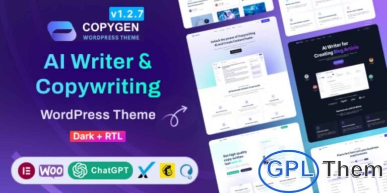 CopyGen – AI Writer & Copywriting Landing Page WordPress Theme CopyGen is a modern WordPress theme built for AI writers, copywriting services, and AI-powered content generation websites.