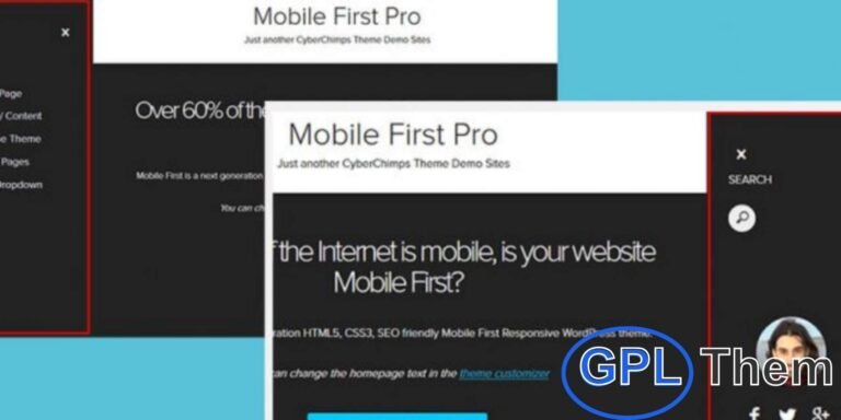 Mobile First Pro – Responsive WordPress Theme by CyberChimps Mobile First Pro by CyberChimps is a powerful WordPress theme built with a true mobile-first approach. Perfect for businesses, blogs, and portfolios, it ensures your website looks flawless on smartphones, tablets, and desktops without writing a single line of code.