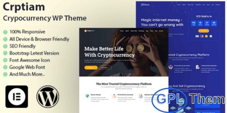 Crptiam – Cryptocurrency WordPress Theme Crptiam is a modern and responsive WordPress theme designed for cryptocurrency businesses, ICO projects, and blockchain startups.