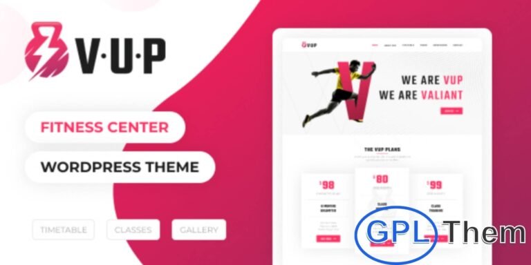 VUP – Fitness Center WordPress Theme VUP is a modern WordPress theme designed for fitness centers, gyms, yoga studios, and sports websites. Fully responsive and user-friendly, it includes support for the popular Timetable plugin, making it easy to display class schedules and training sessions.