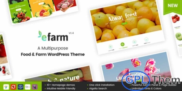 eFarm – Multipurpose Food & Farm WordPress Theme eFarm is a modern and innovative WordPress theme designed for farms, organic shops, food companies, and agricultural businesses.
