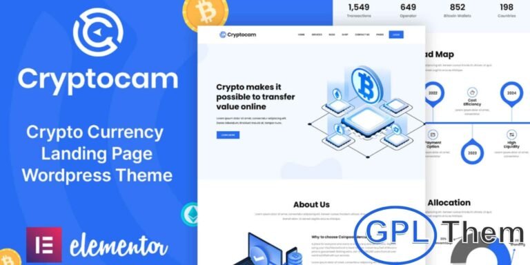 CryptoCam – Cryptocurrency & Finance WordPress Theme CryptoCam is a modern and versatile WordPress theme designed for cryptocurrency, finance, and blockchain websites. Built with Elementor Page Builder, it offers fast performance, responsive design, and full mobile compatibility