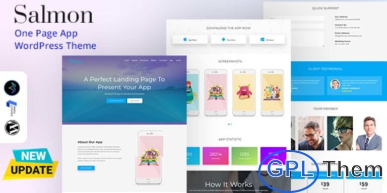Salmon – One Page App Landing WordPress Theme Salmon is a modern and responsive WordPress theme designed for mobile app landing pages and software showcases.