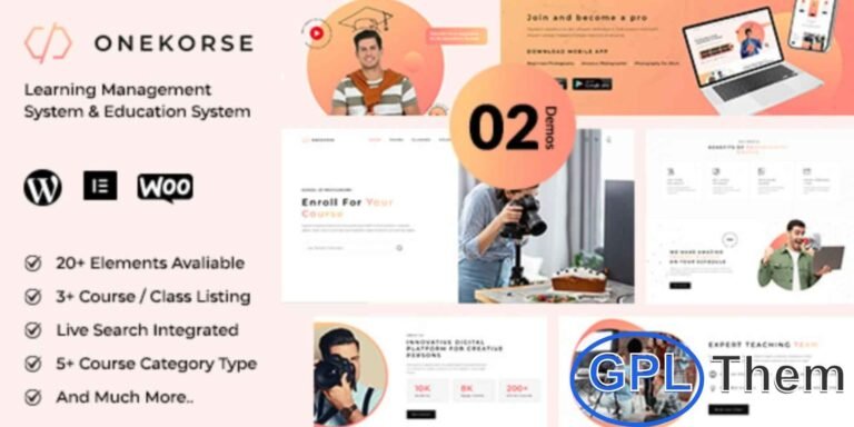 Onekorse – LMS & Online Education WordPress Theme Onekorse is a powerful and responsive WordPress theme built for education and e-learning platforms. Perfect for online courses, schools, colleges, universities, training centers, and academies, it offers all the features you need to create a professional learning website.
