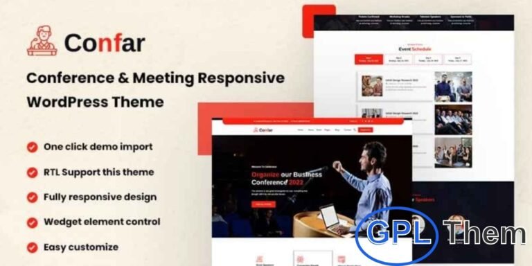 Confar – Conference & Event WordPress Theme Confar is a professional WordPress theme designed for conferences, seminars, and corporate events. Its clean, modern, and well-organized layout makes it easy to showcase event schedules, speakers, venues, and registration details.