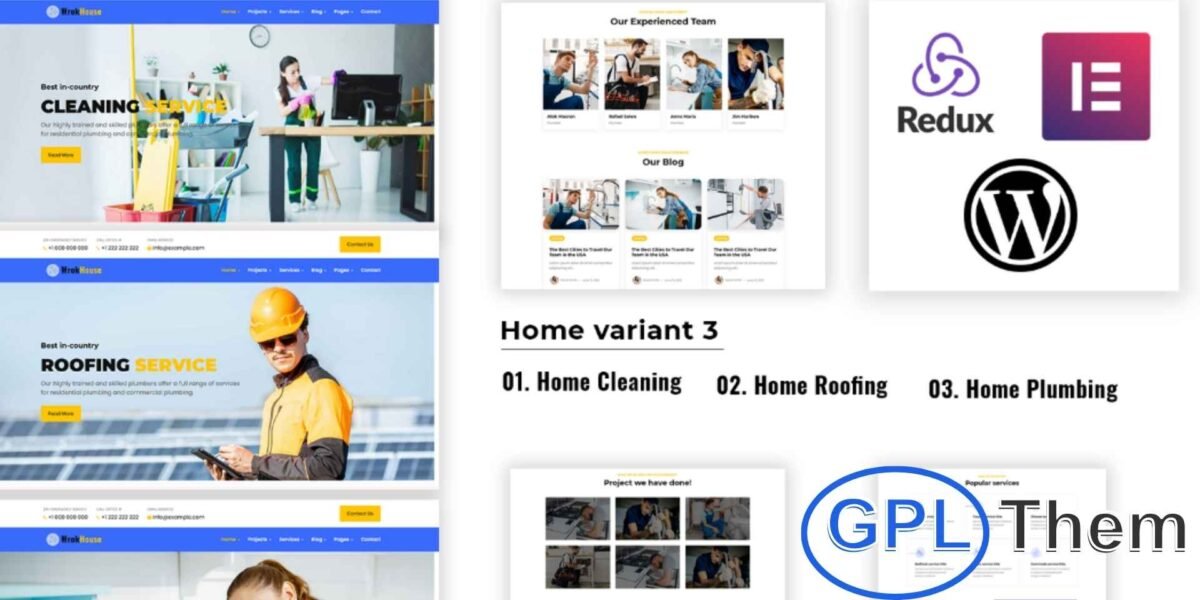 Workhouse – Elementor WordPress Theme for Plumbing, Cleaning & Roofing Workhouse is a modern, fully responsive WordPress theme designed for plumbing, cleaning, and roofing service businesses. Its clean and professional design helps showcase your services, projects, and company information effectively.
