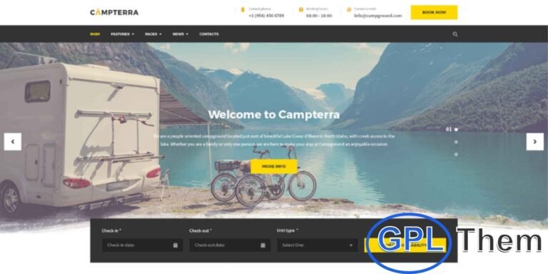 Campterra – Camping & Outdoor Adventure WordPress Theme Campterra is a modern WordPress theme built for campgrounds, RV parks, caravan sites, and outdoor adventure businesses. It’s the perfect solution for renting campground accommodations, trailers, or offering pitches for caravans and tents.