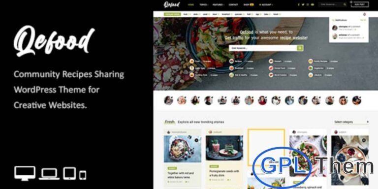 Qefood – Recipe & Food Sharing WordPress Theme Qefood is a clean and modern WordPress theme designed for food enthusiasts, bloggers, and community recipe-sharing websites. It allows users to submit and share recipes directly from the front-end, creating an interactive and engaging community platform.