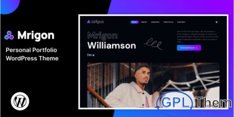 Mrigon – Personal Portfolio WordPress Theme Mrigon is a modern and creative WordPress portfolio theme designed for professionals, freelancers, and personal branding websites. With its clean and responsive design, it allows you to showcase your skills, resume, projects, and business portfolio in a visually stunning way.