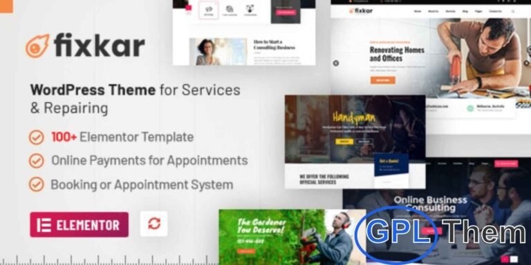 FixKar – All Services WordPress Theme Built with Elementor FixKar is a lightweight and speed-optimized WordPress theme designed for service providers, agencies, and repair businesses. Powered by Elementor, it offers full flexibility with 8+ responsive homepage layouts that adapt beautifully to all devices.