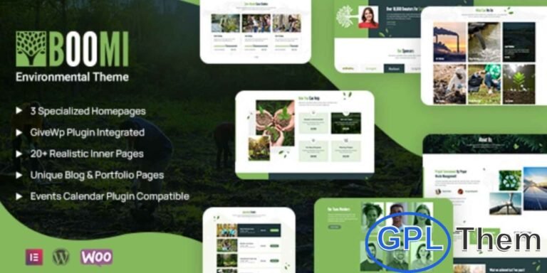 Boomi – Environment & Ecology WordPress Theme Boomi is a fully responsive WordPress theme crafted for environmental and ecological websites. Its modern, clean design ensures your content stands out while offering flexible, customizable layouts. The theme comes with multiple pre-built pages, making it easy to highlight your eco-projects, sustainability initiatives, and green campaigns.