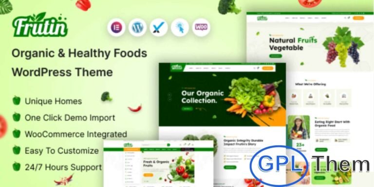 Frutin – Organic & Healthy Food WordPress Theme Frutin is a modern WordPress theme designed for organic and healthy food websites. Its clean, vibrant design is perfect for showcasing fresh farm produce, nutritious recipes, and wellness tips.