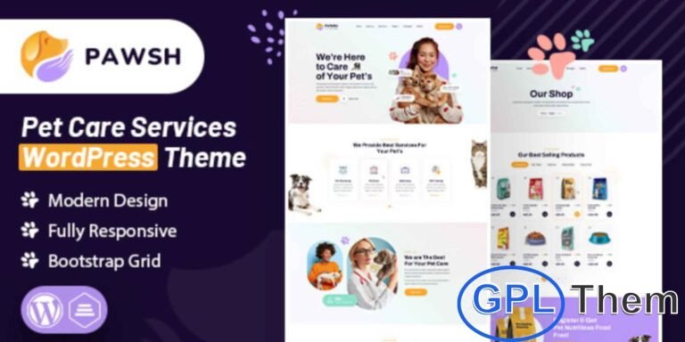Pawsh – Pet Care & Veterinary WordPress Theme Pawsh is a modern and professional WordPress theme designed for pet care services, veterinary clinics, pet grooming salons, and animal healthcare businesses. With its fully responsive layout, your website will look perfect on desktops, tablets, and mobile devices.