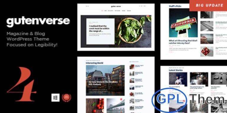 GutenVerse – Magazine & Blog WordPress Theme GutenVerse is a modern WordPress Magazine and Blog Theme designed for publishers, bloggers, and online magazines. Version 2 of GutenVerse is fully compatible with WordPress 5+ and the Gutenberg editor, and it also supports the free Elementor Page Builder for easy drag-and-drop customization.