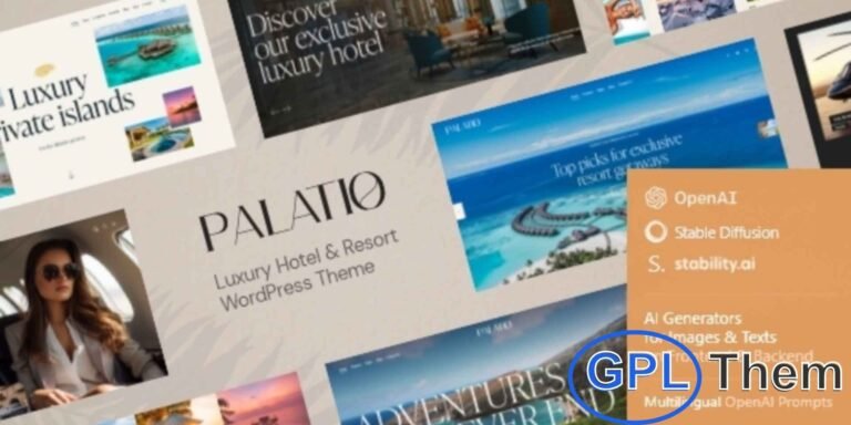 Palatio – Luxury Hotel & Resort WordPress Theme Palatio is a vibrant and elegant WordPress theme designed for luxury hotels, resorts, beach clubs, and vacation retreats. Its sunny, modern design is perfect for showcasing accommodations, amenities, and special offers.