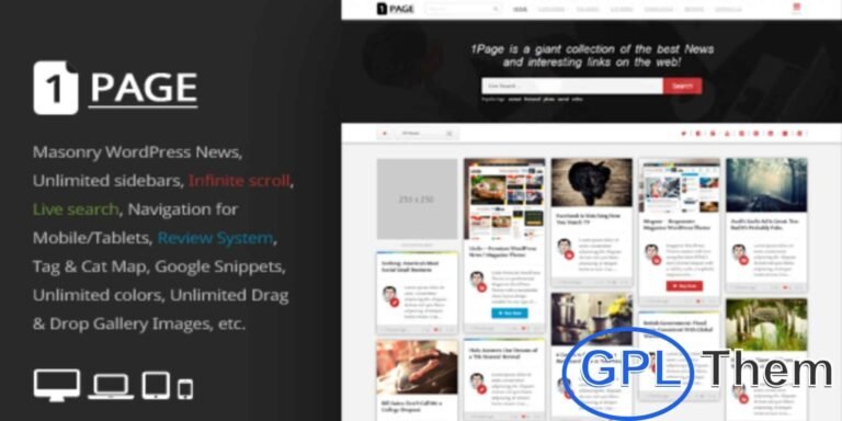 1Page – Masonry WordPress News & Magazine Theme 1Page is a premium Masonry-style WordPress theme designed for news websites, online magazines, and content-rich blogs. With a clean, modern layout, it is fully responsive and looks great on desktops, tablets, and mobile devices.