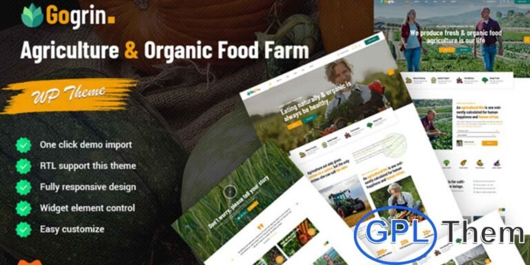 Gogrin – Agriculture and Organic Food WordPress Theme Gogrin is a modern and responsive WordPress theme designed for agriculture, organic farms, and food-related businesses. With its clean and professional layout, it is perfect for building organic food blogs, farm shops, and eco-friendly product websites.