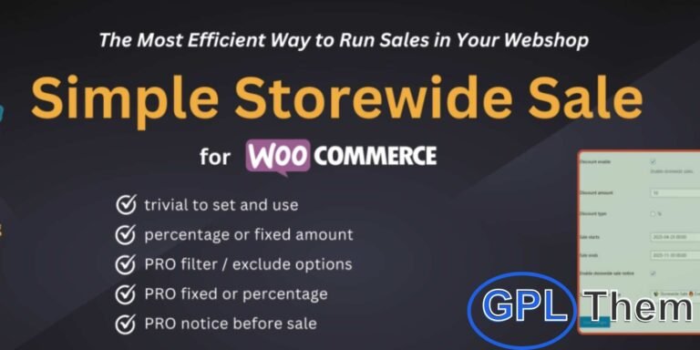 WooCommerce Simple Storewide Sale – Run Effective Promotions Across Your Entire Store Boost your WooCommerce store’s revenue with the WooCommerce Simple Storewide Sale plugin—perfect for Black Friday, holiday sales, store anniversaries, or clearance events. Easily apply percentage or fixed-value discounts across your entire site.