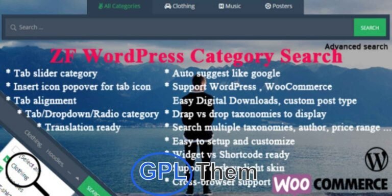 ZF WordPress Category Search – Advanced Search Filter Plugin ZF WordPress Category Search is a powerful advanced search plugin that enhances your site’s user experience by allowing visitors to search by category using tabs, radio buttons, or dropdown menus. It fully supports WooCommerce, Easy Digital Downloads, custom post types, and taxonomies—making it ideal for any content-rich or eCommerce WordPress site.