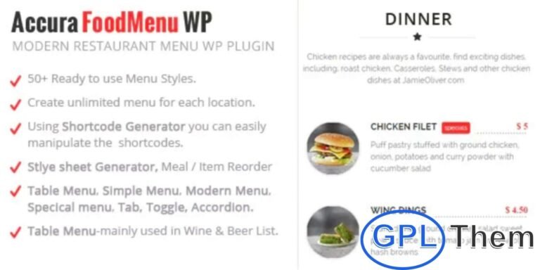 Accura FoodMenu WP – Modern & Stylish WordPress Restaurant Menu Plugin Accura FoodMenu WP is a modern and easy-to-use WordPress plugin designed for restaurants, cafes, bars, salons, spas, and coffee shops. Effortlessly showcase your full menu—including food, beverages, and desserts—on pages, posts, templates, and widgets.