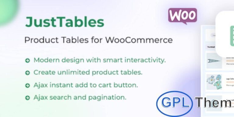 JustTables Pro – WooCommerce Product Table Plugin Display your WooCommerce products in beautiful, customizable tables with JustTables Pro. This powerful plugin lets you create unlimited product tables with 27 pre-built, toggleable columns—no coding needed.