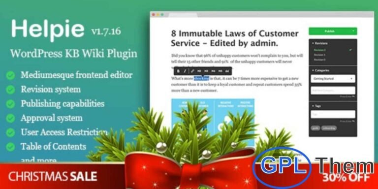 Helpie – WordPress Knowledge Base Plugin Helpie is a powerful WordPress plugin designed to create professional knowledge base, wiki, and documentation websites. Perfect for businesses, communities, and support teams, it allows you to easily build and manage a fully functional knowledge base directly on your WordPress site, improving information access and user support.