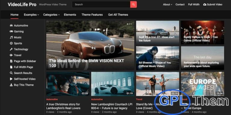 WP Enjoy – VideoLife Pro WordPress Theme VideoLife Pro is a modern, responsive, and mobile-friendly WordPress theme designed for video sharing websites. Perfect for vloggers, content creators, and online video platforms, this theme allows you to easily publish videos from multiple sources.
