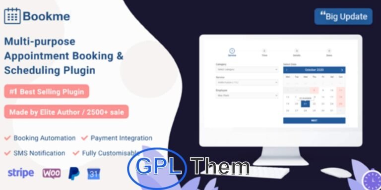 Bookme – WordPress Appointment Booking & Scheduling Plugin Bookme is a feature-rich WordPress appointment booking and scheduling plugin designed to simplify online reservations. Fully customizable and translatable, it offers seamless Google Calendar synchronization, automated notifications, WooCommerce payment integration, and a convenient cart system.