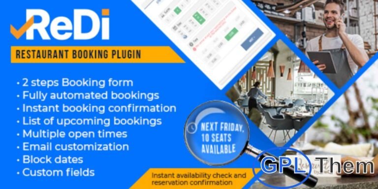 ReDi Restaurant Booking Plugin for WordPress – Easy Online Reservations ReDi Restaurant Booking Plugin seamlessly integrates with any WordPress site, allowing you to accept reservations effortlessly. Perfect for restaurants, cafes, bars, and event venues, this plugin makes managing bookings simple and efficient. Just install, activate, and start taking reservations instantly without complex setups.