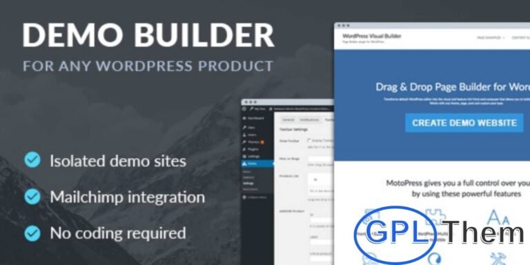 MotoPress WordPress Testing Environment & Demo Builder Plugin The MotoPress WordPress Testing Environment Demo Builder allows you to showcase your plugins and themes with interactive front-end demos and personal back-end trial accounts for potential customers. Instead of spending months creating an in-house solution, you can build professional, fully functional demos in just a few clicks.