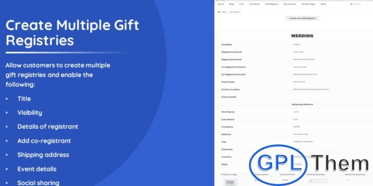 WooCommerce Gift Registry – WordPress Plugin The WooCommerce Gift Registry plugin lets you add a stylish and fully functional gift registry to your WooCommerce store. Perfect for online shops, this plugin helps customers create and share wish lists, making shopping easier and more enjoyable.