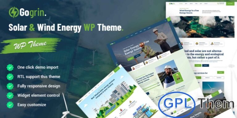 Gogrin – Solar & Wind Energy WordPress Theme Gogrin is a premium WordPress theme designed for solar and wind energy businesses, ideal for small to medium companies looking to showcase their products, services, and brand. Featuring a sleek, clean, and modern layout, Gogrin combines professional design with user-friendly functionality to create a powerful online presence.