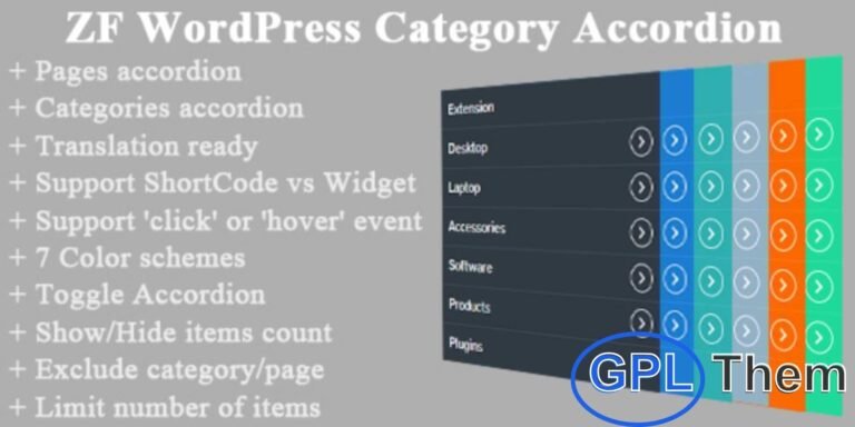 ZF WordPress Category Accordion The ZF WordPress Category Accordion plugin lets you display all your categories in a sleek, collapsible accordion style. Perfect for WooCommerce categories, standard WordPress categories, pages, and custom post types, this plugin enhances navigation and user experience on your site.