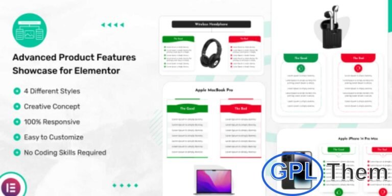 Advanced Product Features Showcase for Elementor – WordPress Plugin Advanced Product Features Showcase for Elementor is a powerful plugin to present your product features in unique and visually appealing ways. Perfect for showcasing products in multiple styles, it helps you highlight key features and benefits that engage your visitors.