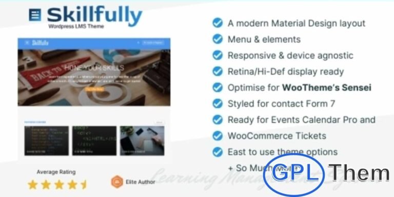 Skillfully – Learning Management System WordPress Theme Skillfully is a powerful LMS WordPress theme designed to create professional online learning platforms. With this theme, you can build a marketplace for online courses, sell lessons, or establish a full-fledged academy by recruiting expert tutors.