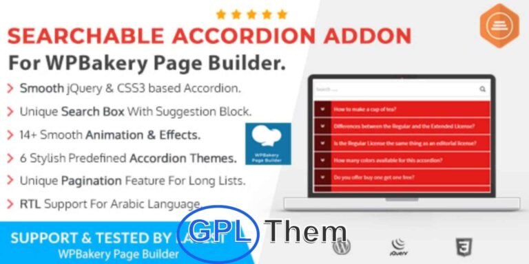 Ultimate Searchable Accordion for WPBakery Page Builder Ultimate Searchable Accordion is a feature-rich WPBakery Page Builder addon that helps you create responsive, animated accordion sections with ease. Packed with 6 modern themes and 15 smooth animation effects, this addon is perfect for building searchable FAQ sections or any collapsible content layout.