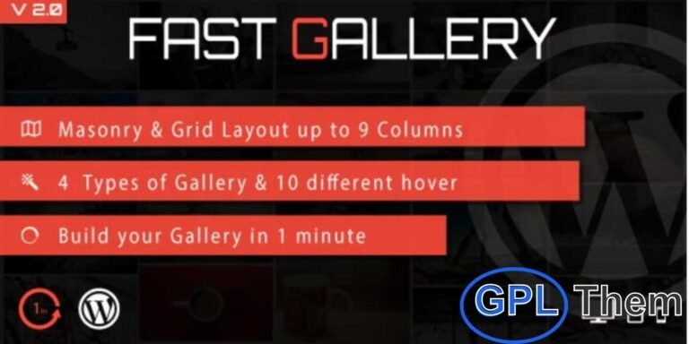 Fast Gallery – Premium WordPress Plugin Create stunning image galleries in just one minute with the Fast Gallery WordPress plugin. Offering 5 gallery types — PrettyPhoto, Photobox, Magnific Popup, Fotorama, and Custom URL — it supports masonry and grid layouts with responsive or fluid designs.