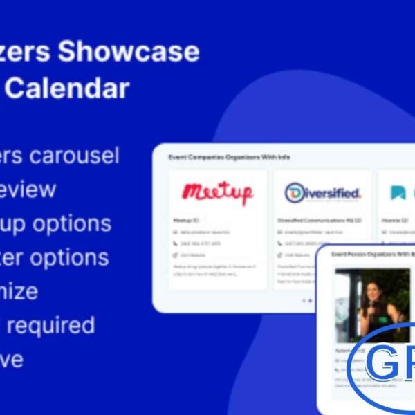 Event Organizers Showcase for The Event Calendar The Event Organizers Showcase add-on for The Event Calendar plugin lets you creatively highlight your event organizers with ease. Build a dynamic organizer carousel featuring images, names, contact details, websites, and recent posts.