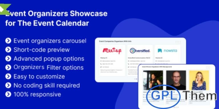 Event Organizers Showcase for The Event Calendar The Event Organizers Showcase add-on for The Event Calendar plugin lets you creatively highlight your event organizers with ease. Build a dynamic organizer carousel featuring images, names, contact details, websites, and recent posts.